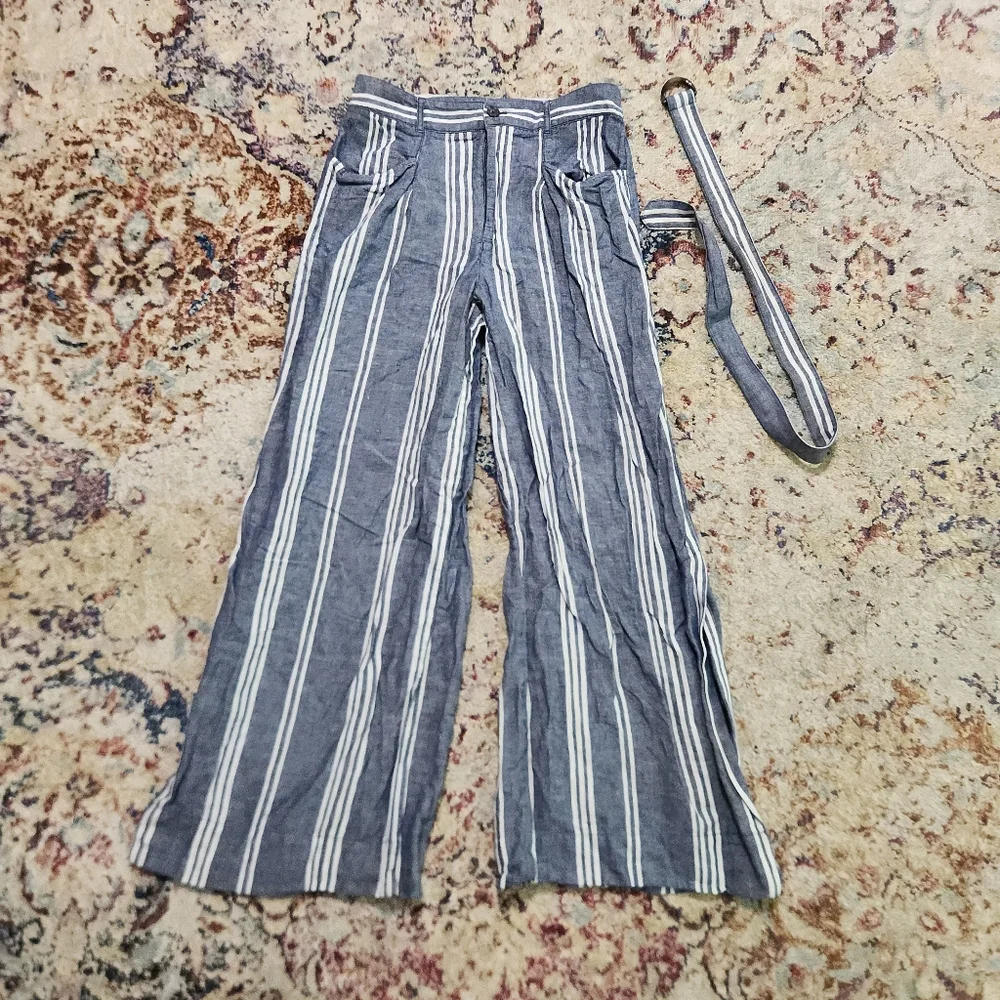 By Anthropologie Cotton & Linen Striped Wide Leg Side Slit Belted Pants Size 6 - Picture 2 of 13